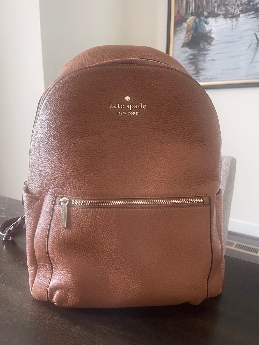 kate spade tan pebbled leather backpack with gold hardware
